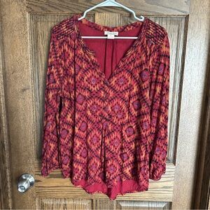 Lucky Brand Red Orange Patterned Long Sleeve V-Neck Top